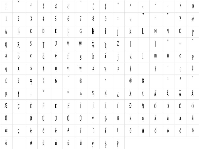 MatrixTall Regular  glyph index