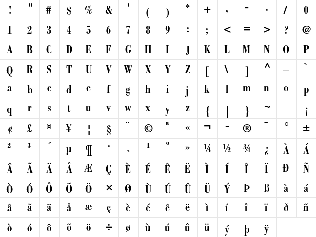Bodoni Std Bold Condensed  glyph index