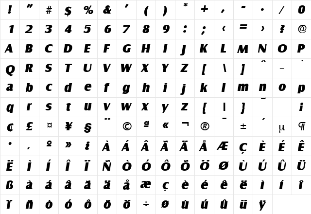 Salzburg-Serial-Heavy RegularItalic  glyph index