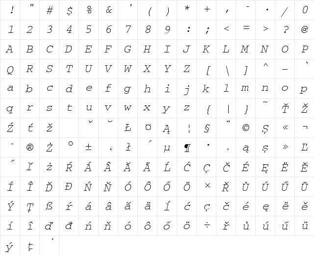 CourierMEE Italic  glyph index