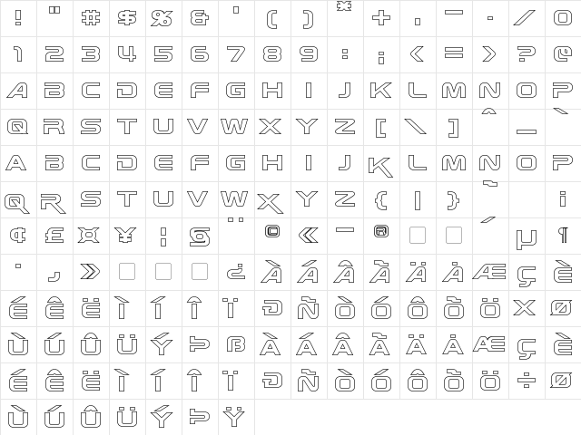 Zebulon Hollow Regular  glyph index