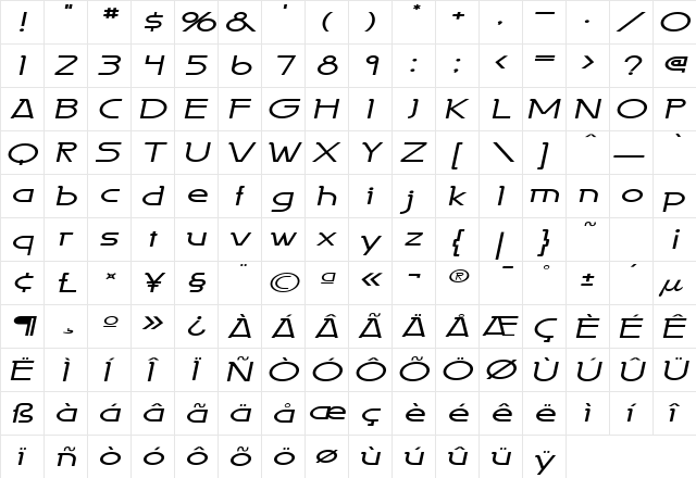 Persia Extended Italic  glyph index