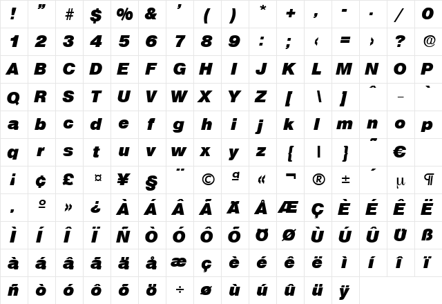 Olympia-HeavyIta Regular  glyph index