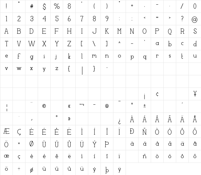 Factory LJDS Regular  glyph index