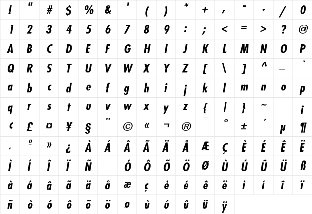 Kudos Black Condensed SSi Bold Condensed Italic  glyph index