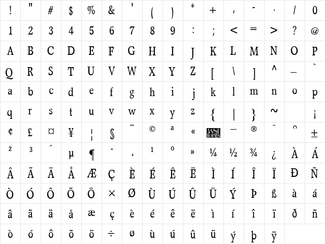 StewardCond Regular  glyph index