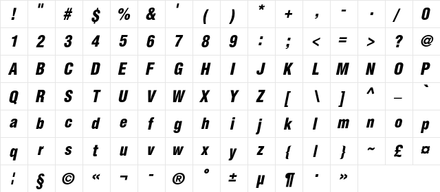 HeliosCondBlackC Italic  glyph index