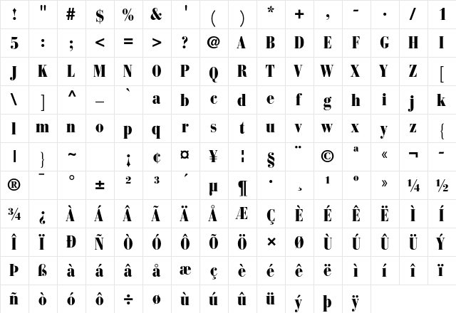 Bauer Bodoni Std 2 Black Condensed  glyph index
