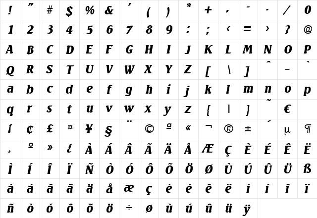 Seagull-BlackIta Regular  glyph index