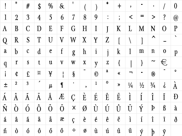 ArrayCondensed Bold  glyph index
