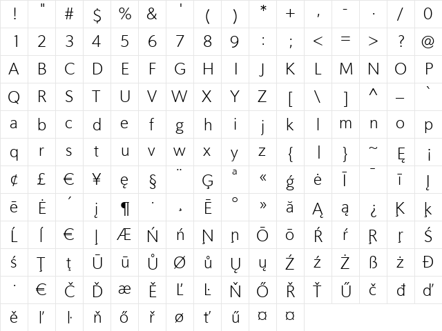 Oslo Light  glyph index