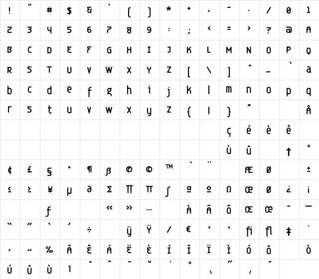 Eunuch Standard  glyph index