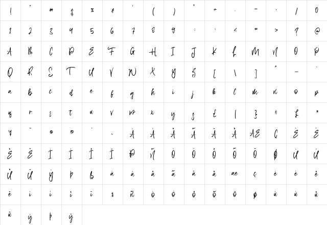 Aquilla Regular  glyph index