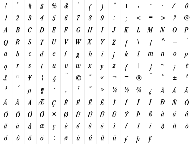 ITCCheltenham-CondensedBook BookItalic  glyph index