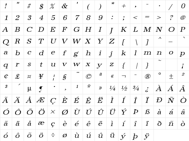 URWAntiquaTExtWid Oblique  glyph index