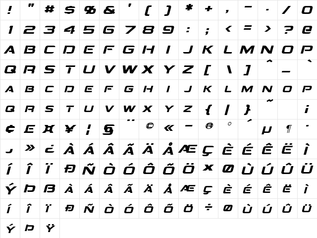 Montalban Italic  glyph index