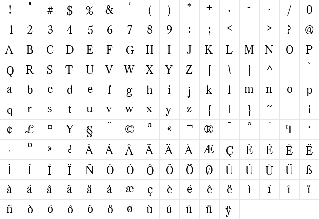 Casper SF Regular  glyph index