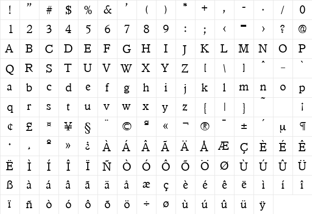 Granada-Serial-Light Regular  glyph index