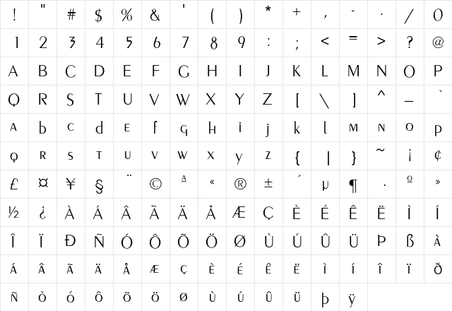 FrenchVogue-Light Regular  glyph index