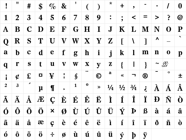 Sterling SSi Bold  glyph index