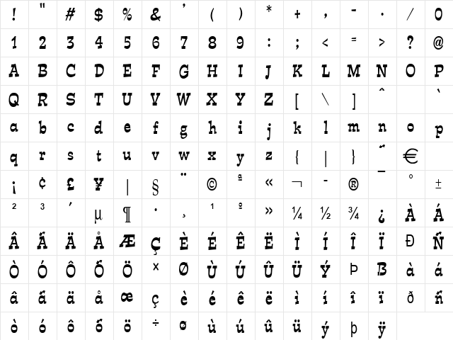 ExposeCondensed Normal  glyph index