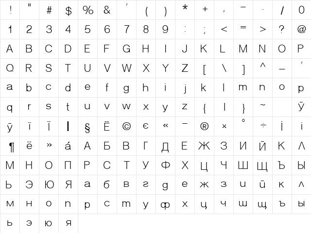 Verona Normal  glyph index