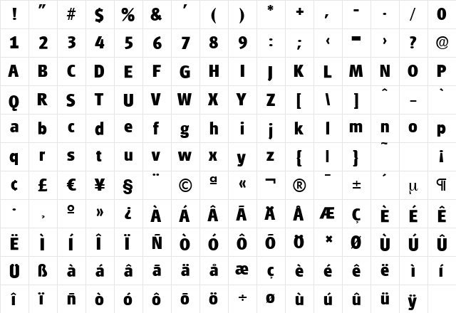 GlasgowSerial-Xbold Regular  glyph index