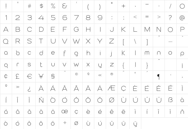 CabourgLight Regular  glyph index