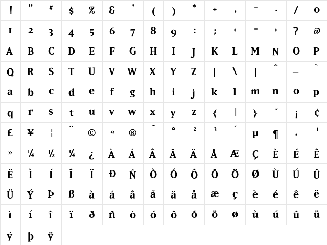 MatrixBoldOldstyle Regular  glyph index