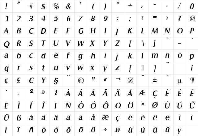 SalzburgSerial-Medium Italic  glyph index