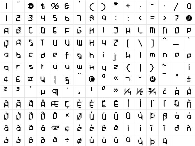 Principa Bold  glyph index