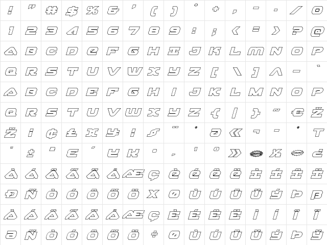 Skyhawk Outline Italic Italic  glyph index