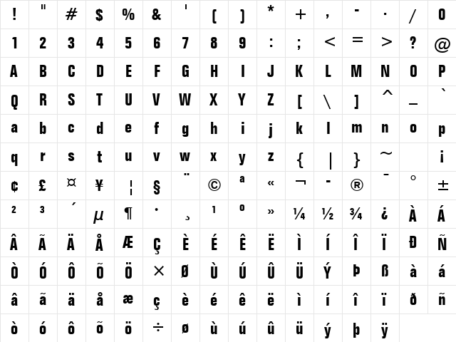 Folio Bold  glyph index