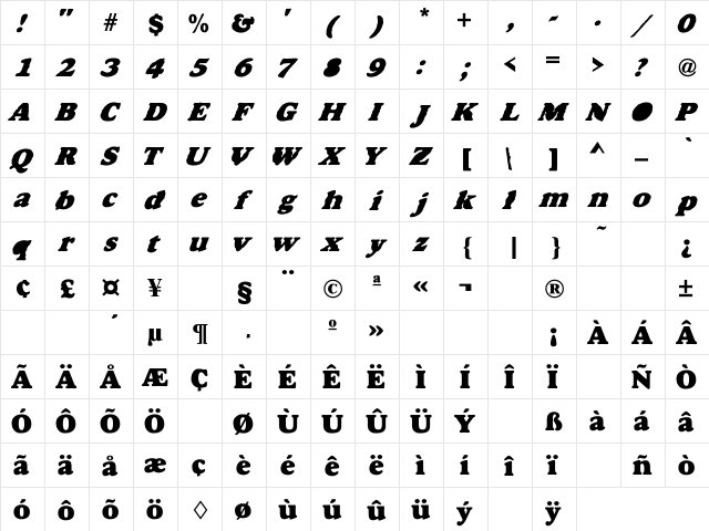 Heavy Cat Regular  glyph index