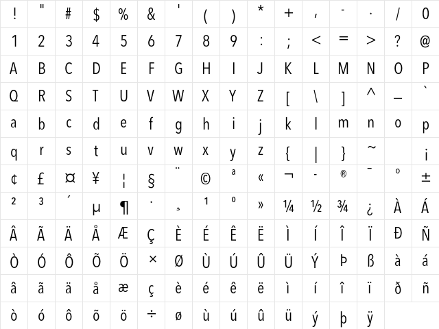 Avenir Next LT Pro Condensed  glyph index