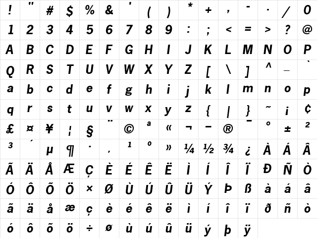 NewsGothic BoldItalic  glyph index