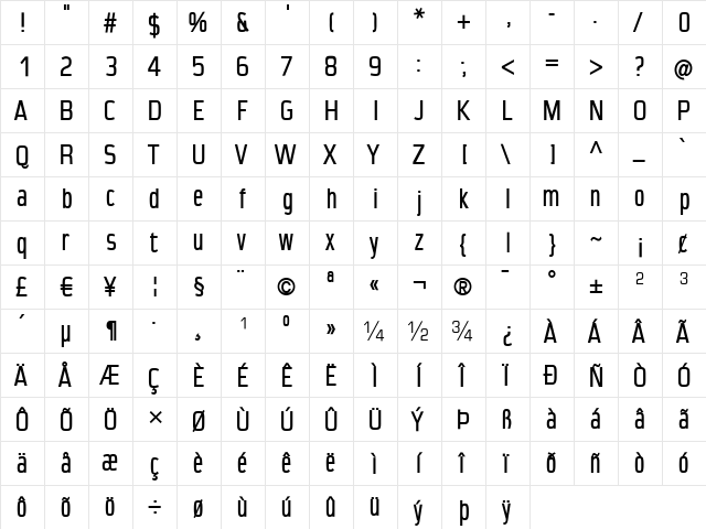 CondensansPaneurope-Medium Regular  glyph index