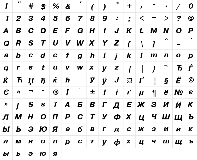 PragmaticaWINCTT BoldItalic  glyph index