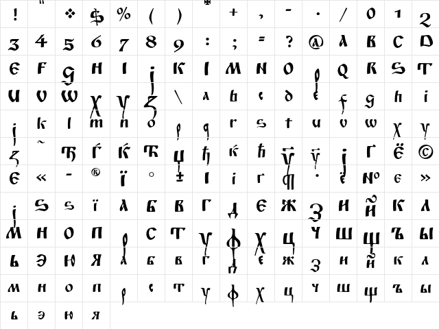 Fita_Poluustav Regular  glyph index