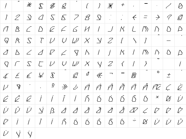 TechstepRegular Oblique Regular  glyph index