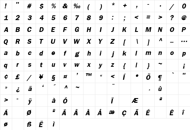 FranklinGothicBoldSSK Italic  glyph index