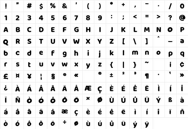 Milky Nice Clean  glyph index