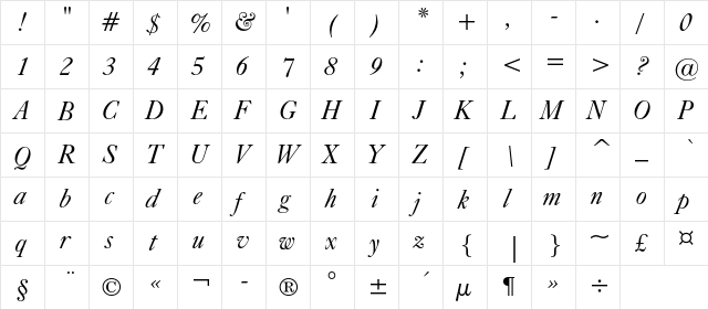 CaslonC 540 BT Italic  glyph index