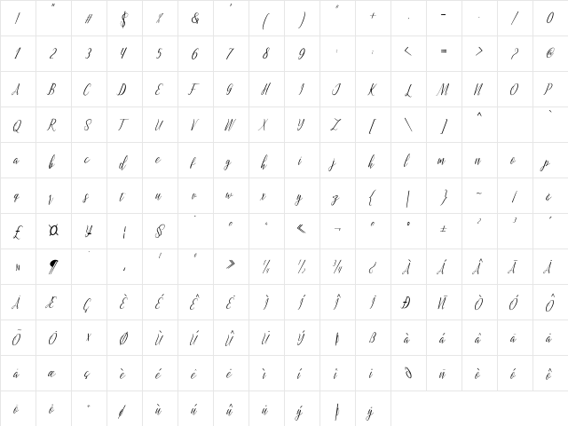 Montalia Script Regular  glyph index