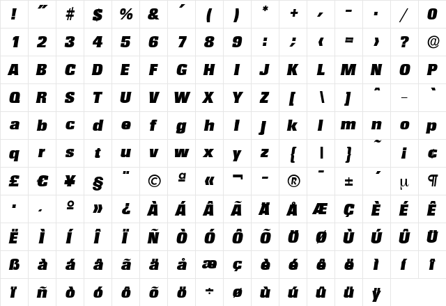 WalterBecker-Black Italic  glyph index