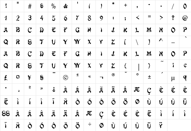 MandarinEF Regular  glyph index