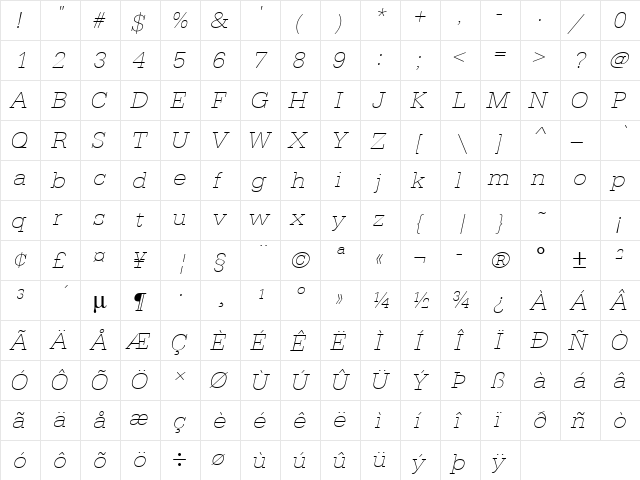 URWTypewriterTExtLigWid Oblique  glyph index