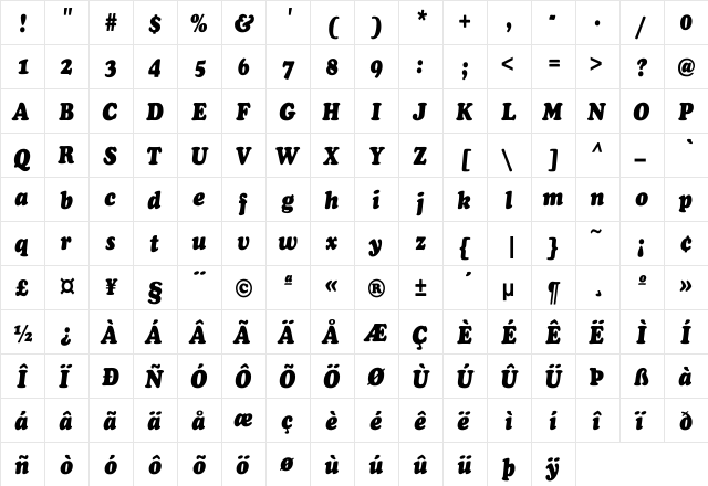 CooperCnd-Heavy-Italic Regular  glyph index