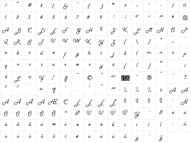 Fifties Regular  glyph index