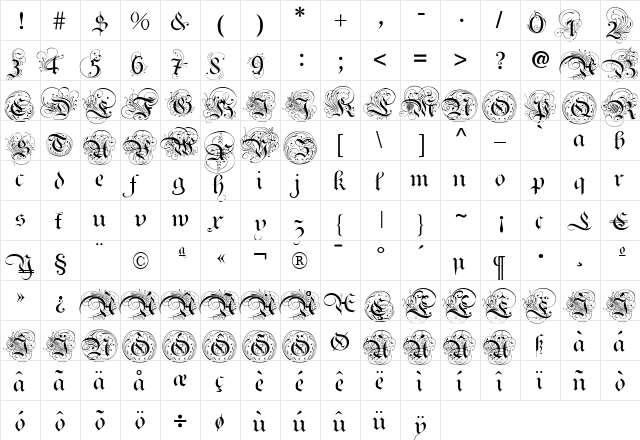 Ayres Royal Regular  glyph index